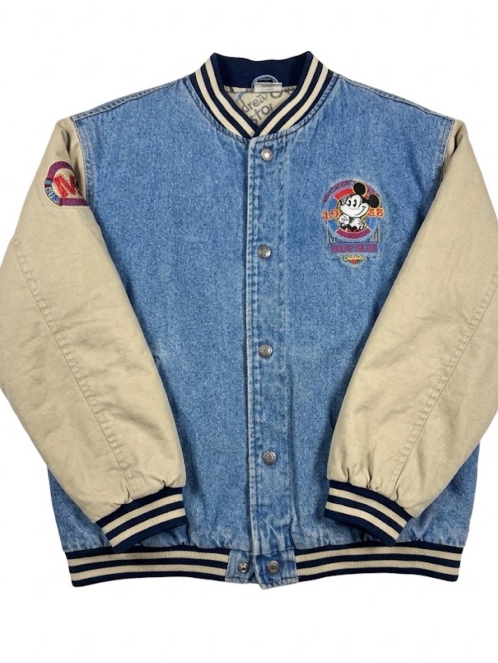 Disney Light Blue Denim Bomber Jacket with Cream Sleeves